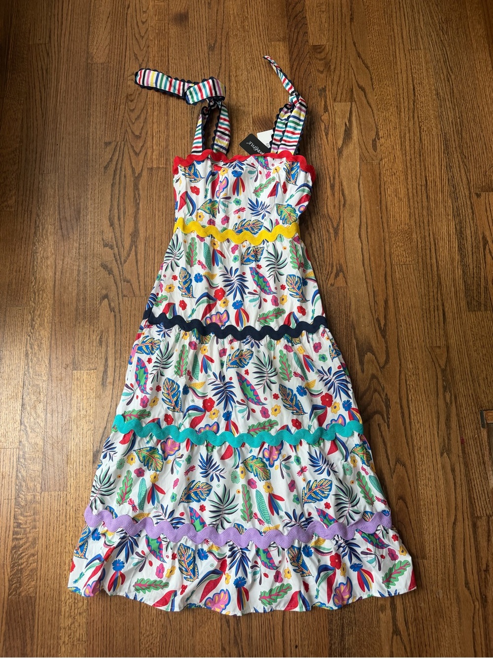 White Tropical Print Sundress with Colorful Trim